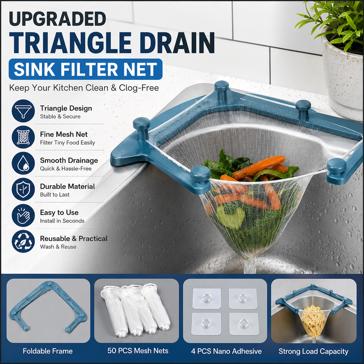 🗑️ Smart Kitchen Sink Food Scrap Strainer with 50 Disposable Mesh Bags – Helps Prevent Clogged Drains