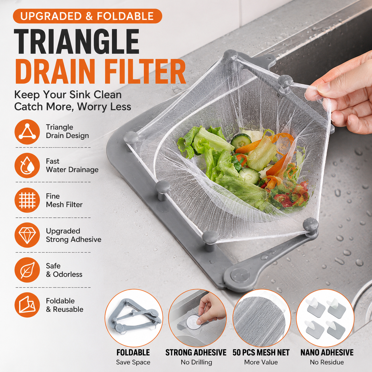 🗑️ Smart Kitchen Sink Food Scrap Strainer with 50 Disposable Mesh Bags – Helps Prevent Clogged Drains