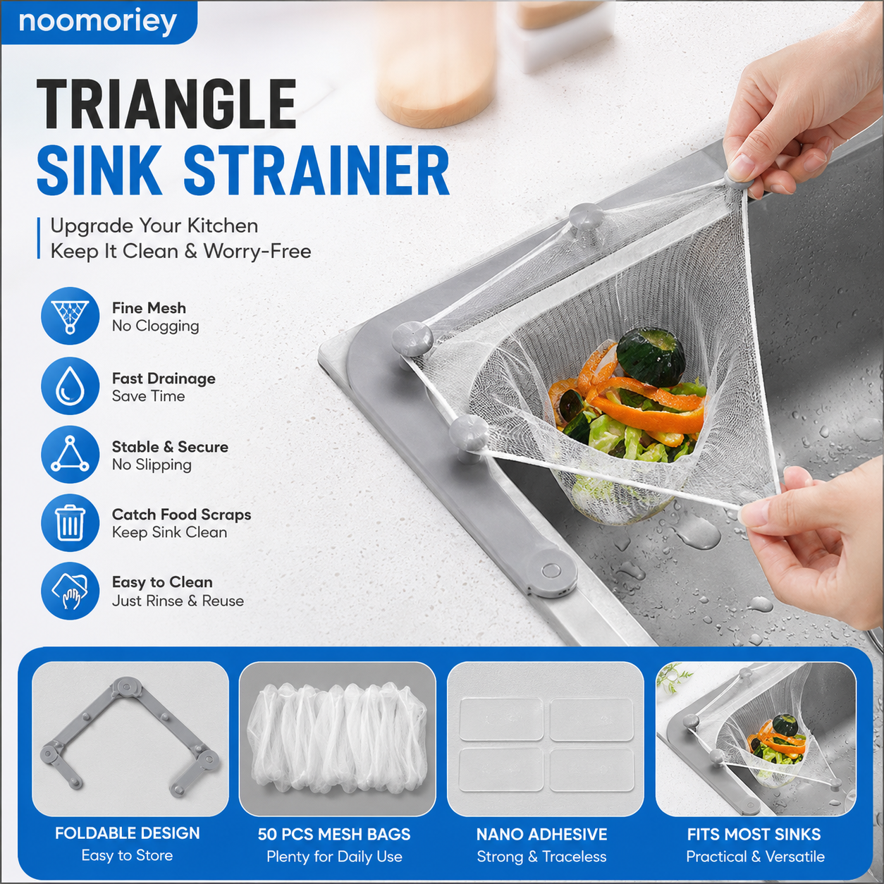 🗑️ Smart Kitchen Sink Food Scrap Strainer with 50 Disposable Mesh Bags – Helps Prevent Clogged Drains