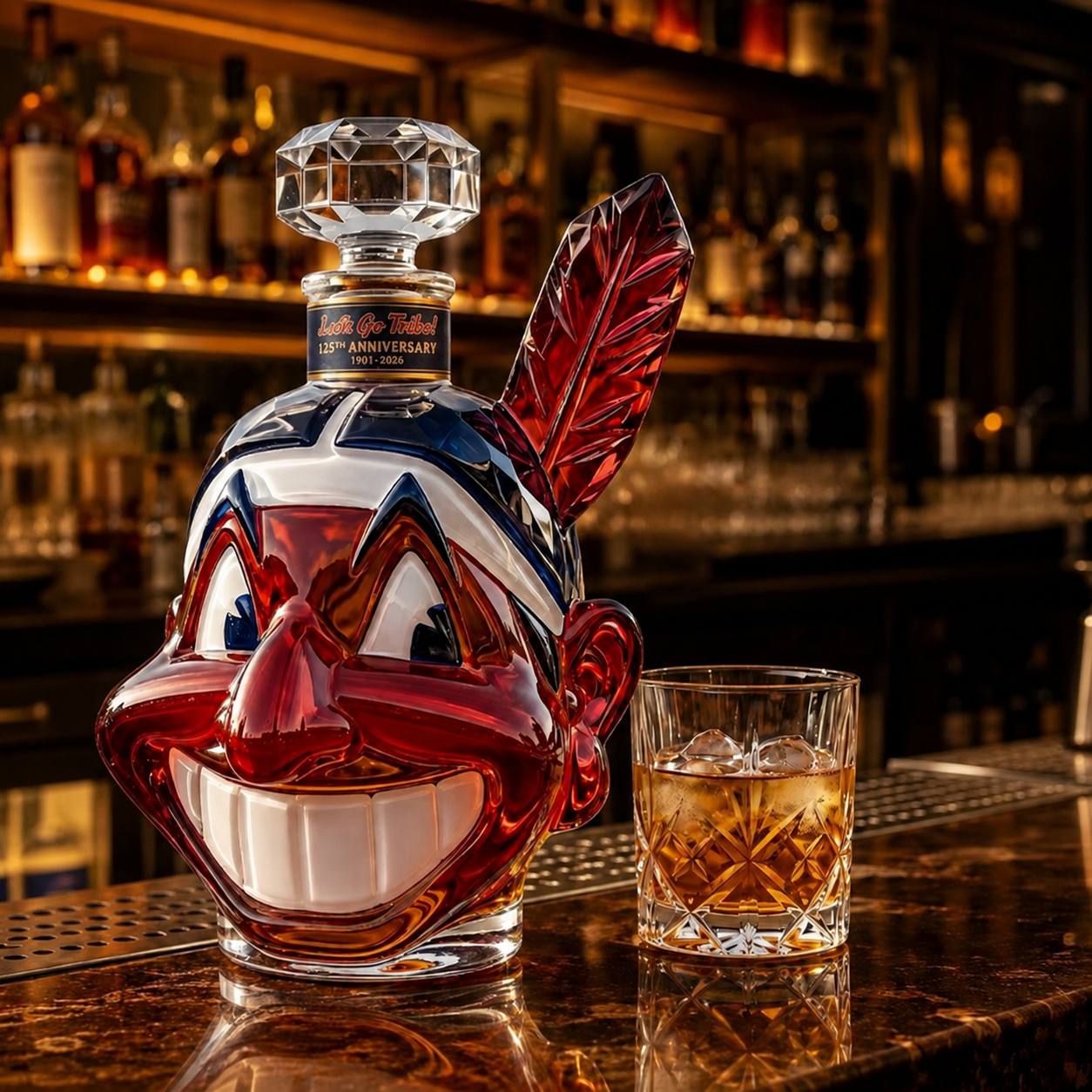 🥃⚾ Let's Go Tribe! 125th Anniversary Chief Wahoo Whiskey Decanter 🏆✨ — A Timeless Whiskey Collection 🥃🔥