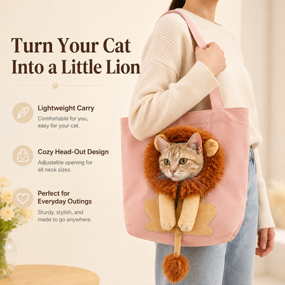 🦁 Lion-Shaped Pet Shoulder Bag – Cute Canvas Cat Carrier with Adjustable Head Opening & Soft Plush Details 🐱