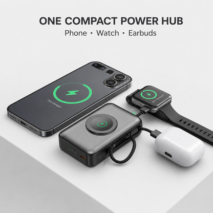 5000mAh 3-in-1 Magnetic Wireless Power Bank – Fast Charging for iPhone, Apple Watch & AirPods