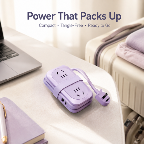 Portable Travel Power Strip with USB Ports – Compact Extension Cord with Built-In Cable Storage
