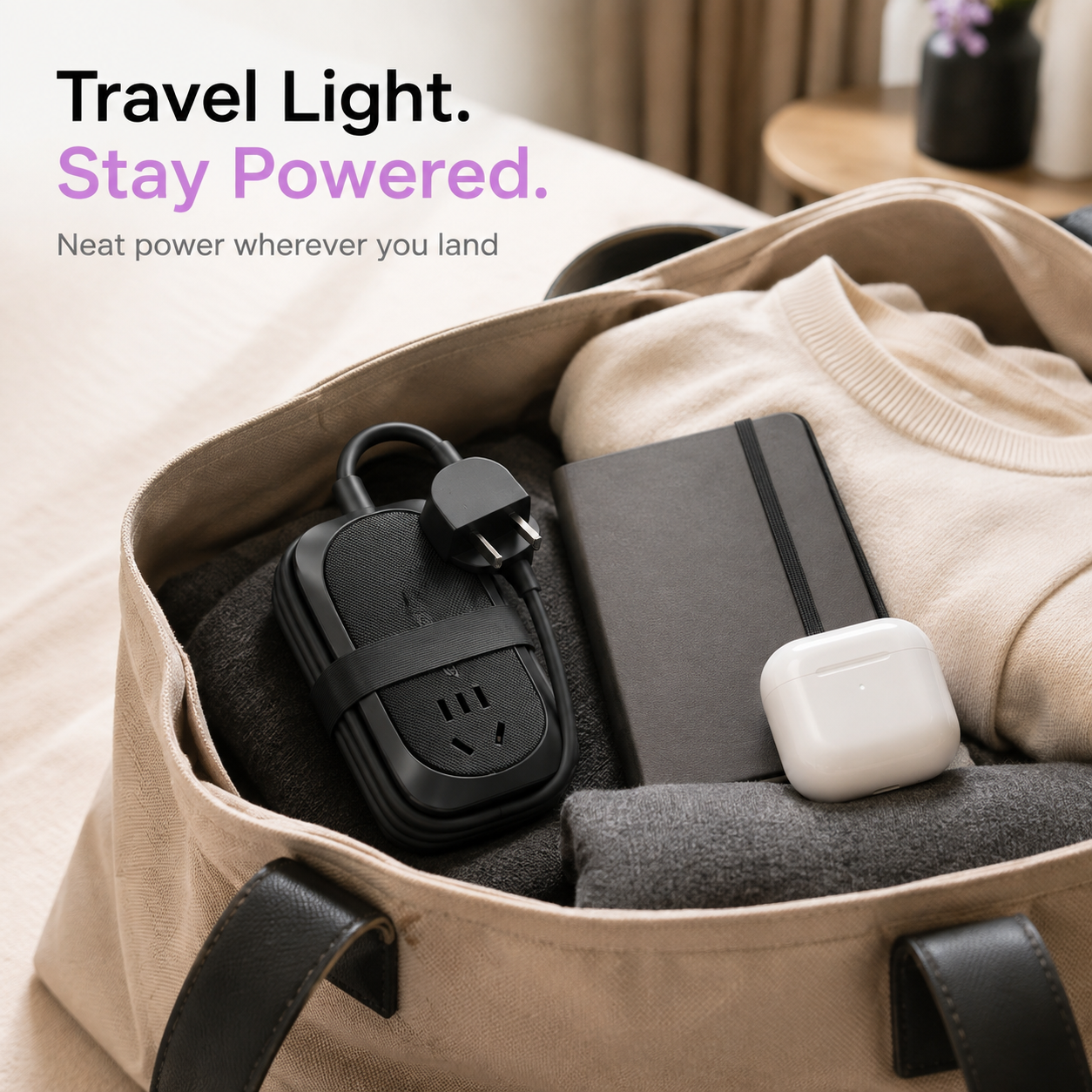 Portable Travel Power Strip with USB Ports – Compact Extension Cord with Built-In Cable Storage