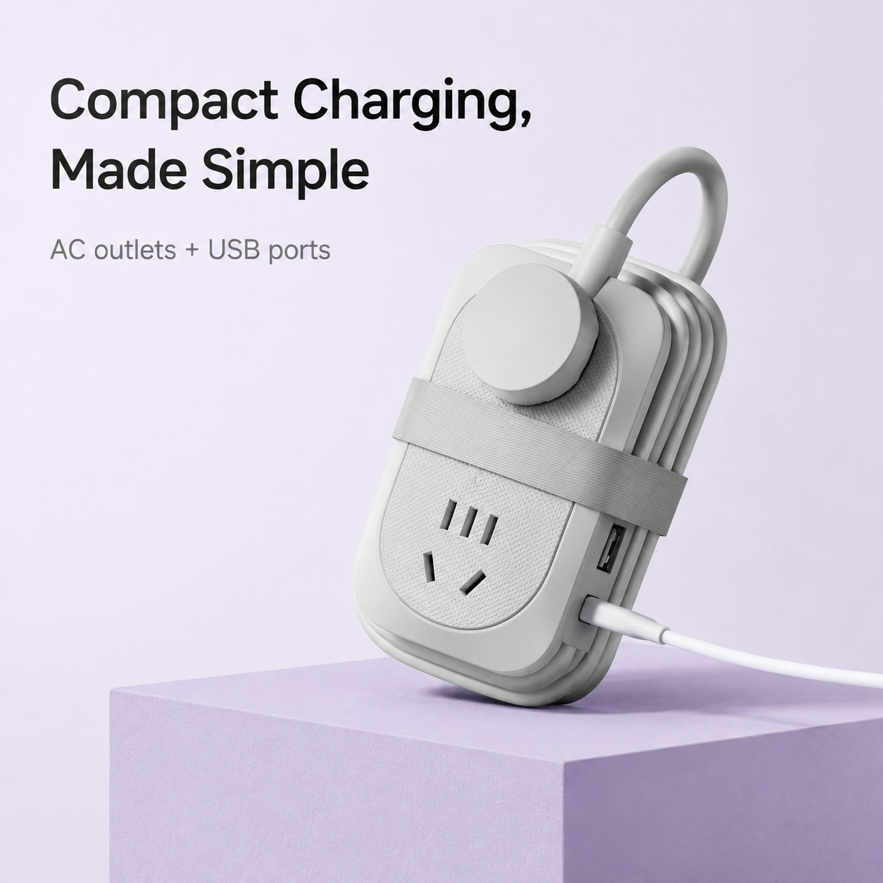 Portable Travel Power Strip with USB Ports – Compact Extension Cord with Built-In Cable Storage