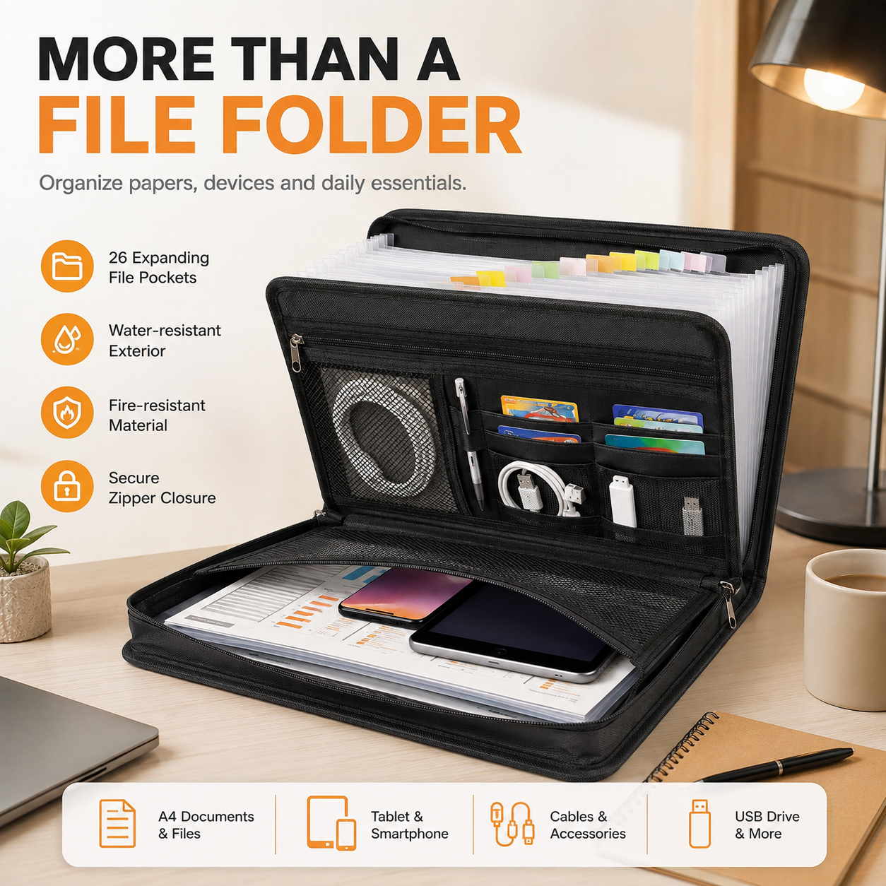13-Pocket Fireproof & Waterproof Expanding File Organizer with Handle – Large Capacity Accordion Document Folder