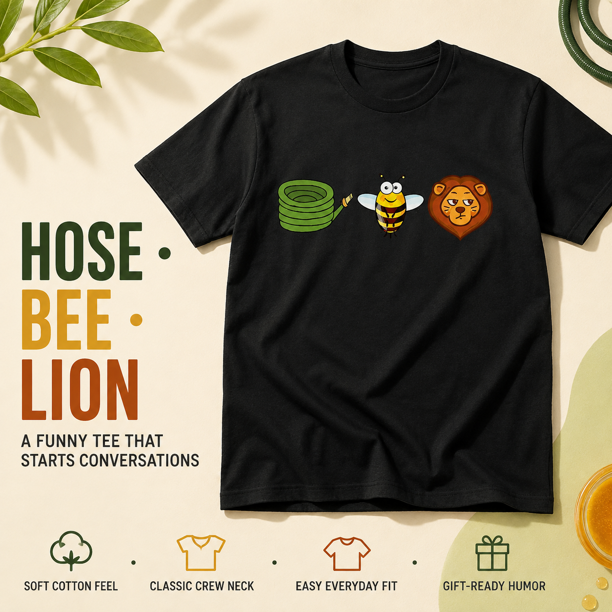 Hose Bee Lion Mens T Shirts Cotton Short Sleeve T-Shirt Crew Neck Tees Casual Shirt