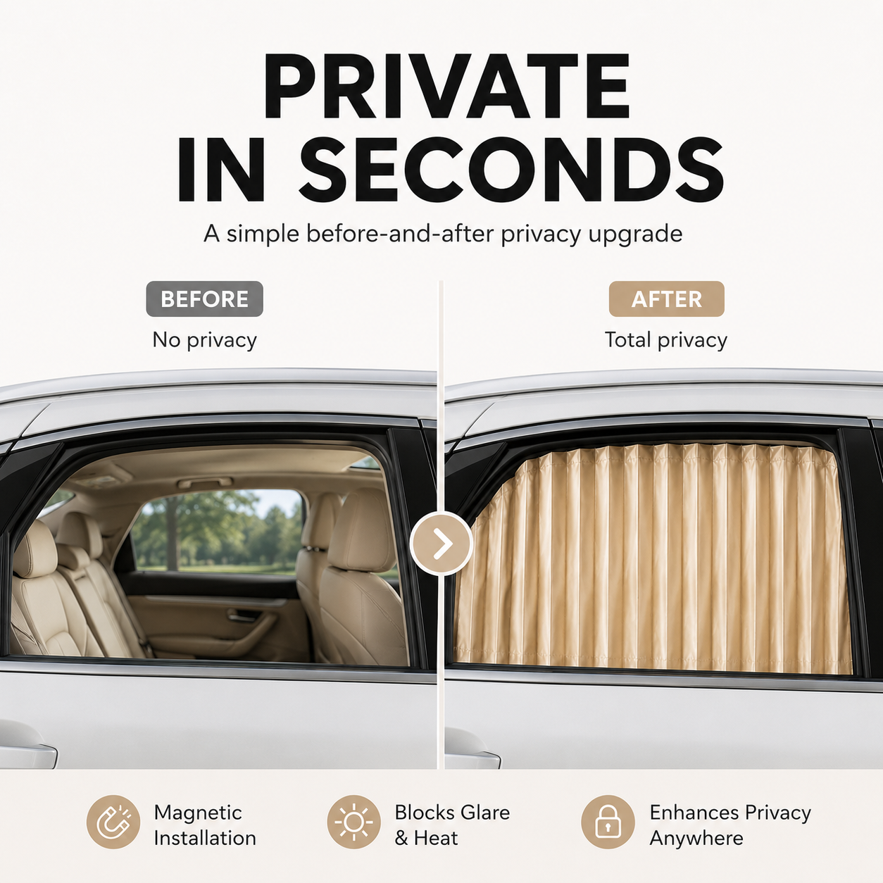 4 Pcs Beige Magnetic Car Side Window Sun Shades, Privacy & UV Protection