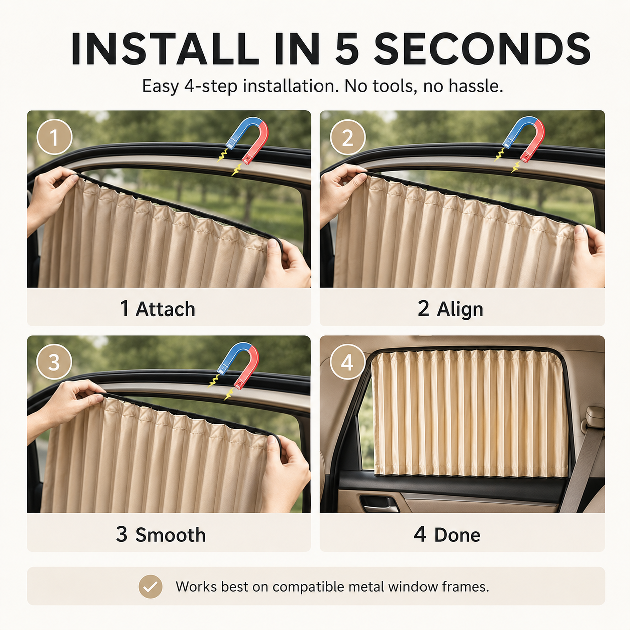 4 Pcs Beige Magnetic Car Side Window Sun Shades, Privacy & UV Protection
