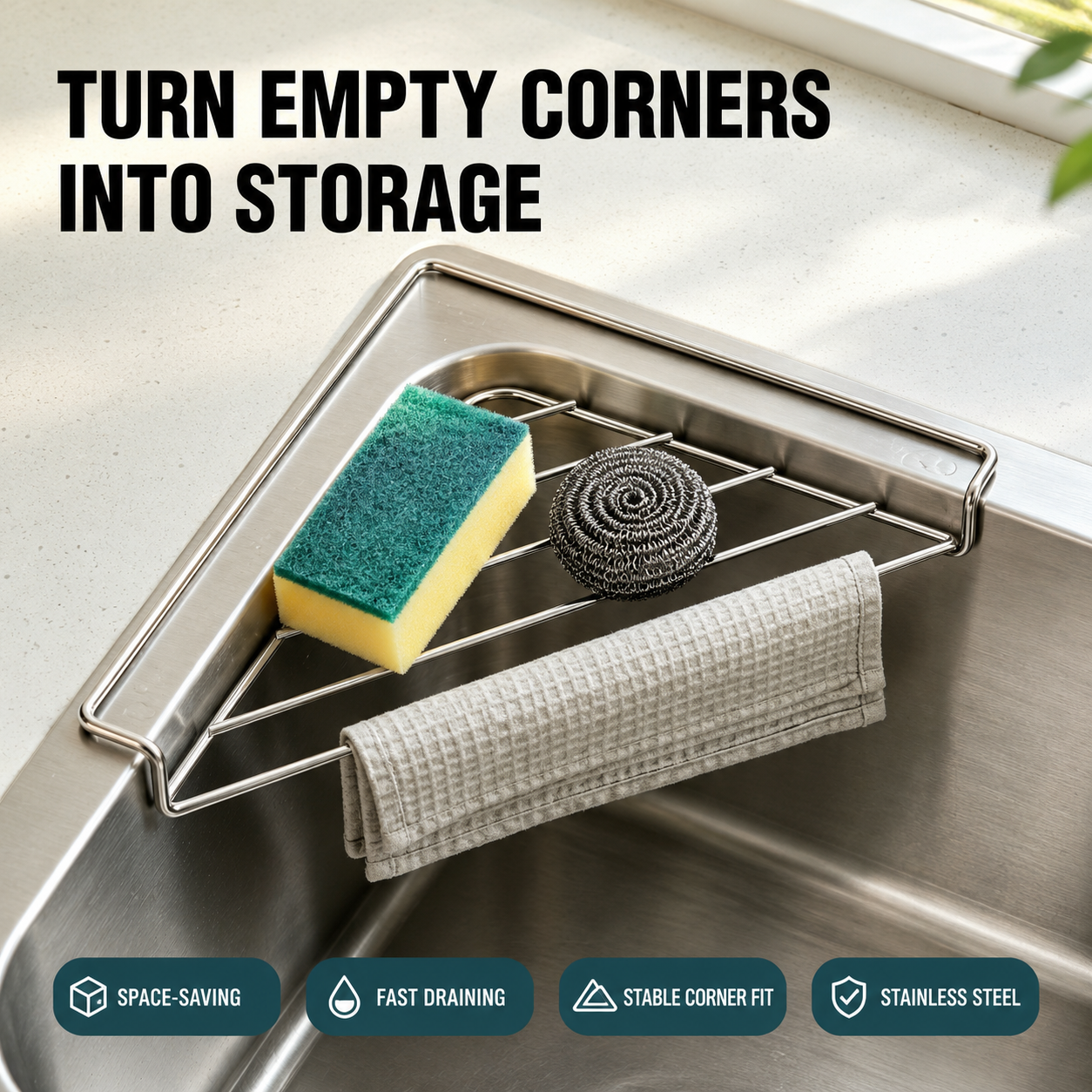 🔥 Limited-Time Deal🧽 Stainless Steel Corner Sink Shelf – Triangular Drainage Rack for Sponge, Cloth & Brush Storage