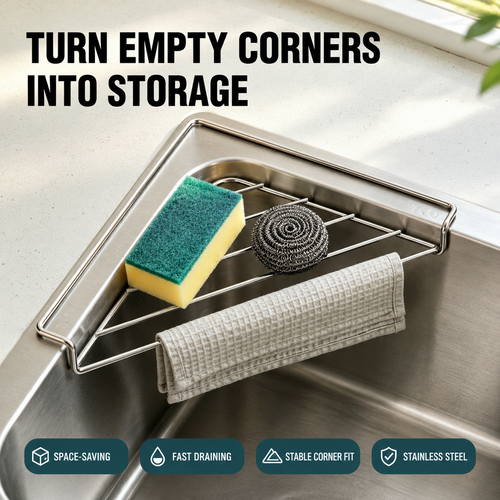 🔥 Limited-Time Deal🧽 Stainless Steel Corner Sink Shelf – Triangular Drainage Rack for Sponge, Cloth & Brush Storage