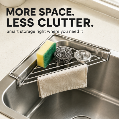🔥 Limited-Time Deal🧽 Stainless Steel Corner Sink Shelf – Triangular Drainage Rack for Sponge, Cloth & Brush Storage