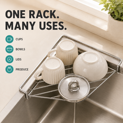 🔥 Limited-Time Deal🧽 Stainless Steel Corner Sink Shelf – Triangular Drainage Rack for Sponge, Cloth & Brush Storage