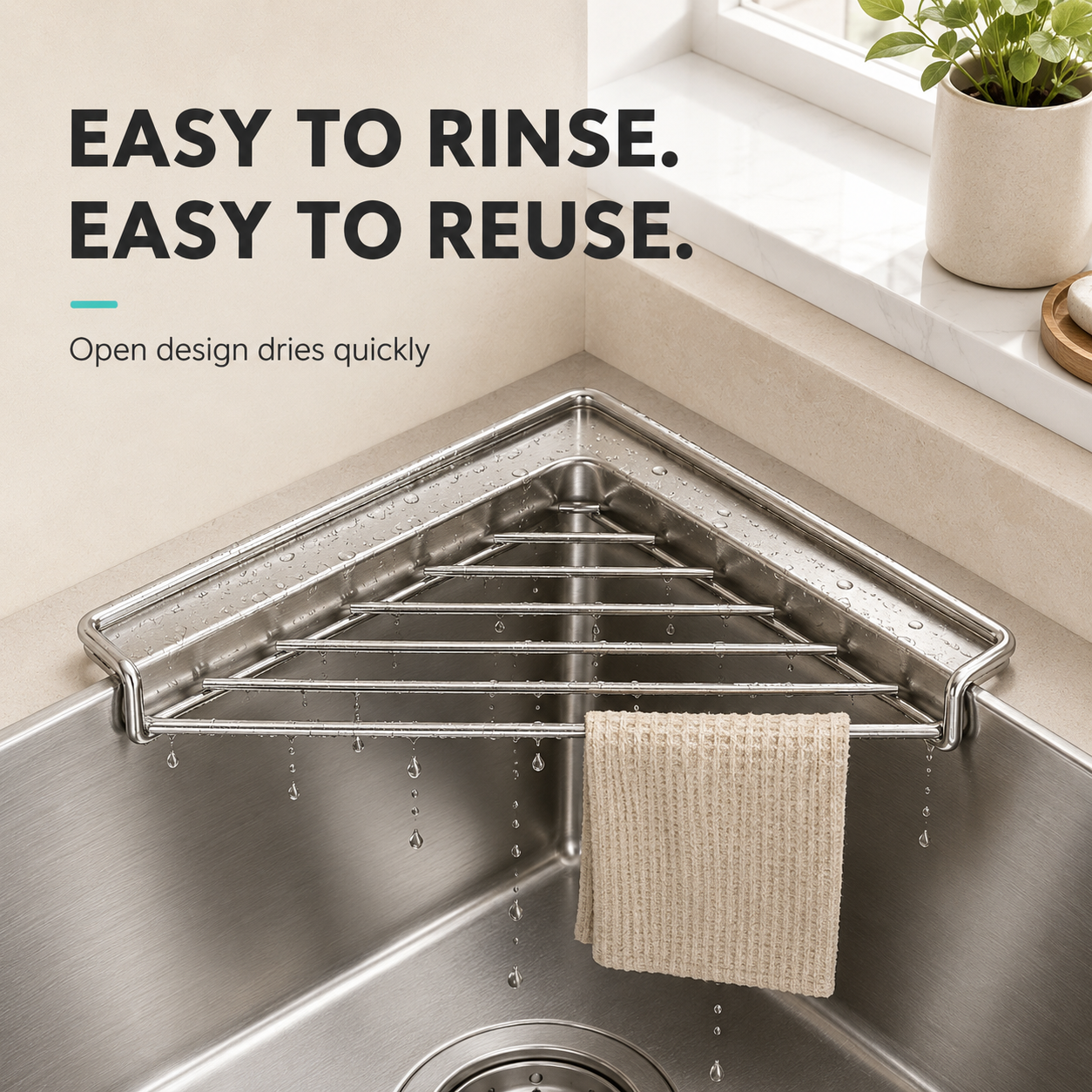 🔥 Limited-Time Deal🧽 Stainless Steel Corner Sink Shelf – Triangular Drainage Rack for Sponge, Cloth & Brush Storage