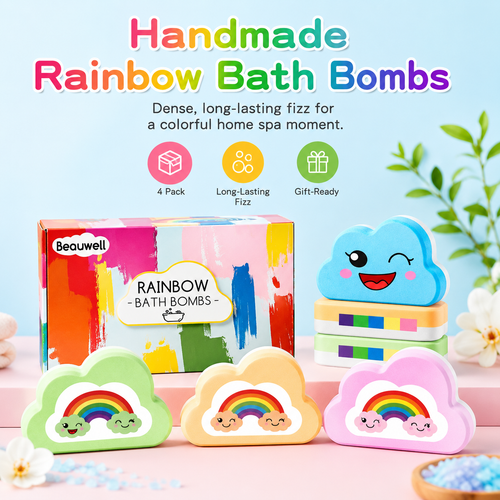 Rainbow Bath Bombs for Kids, Handmade 4 Pcs Kids Bath Bombs, Summer Bath Time Fun for Girls Teens Toddlers, Rainbow Bubble Fizzy