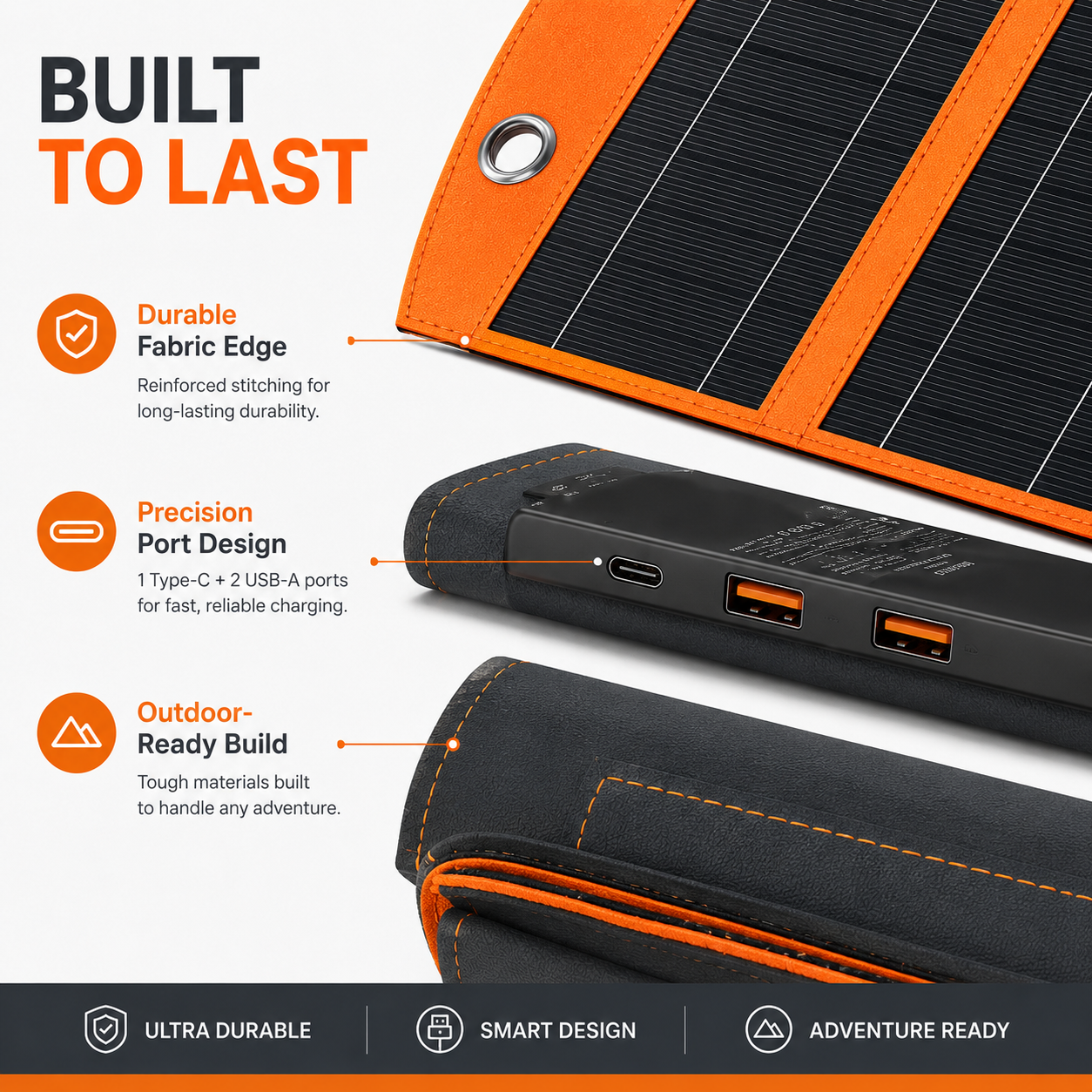 🔥Foldable Portable Solar Panel, Fast Charging with 1 Type-C & 2 USB-A Ports