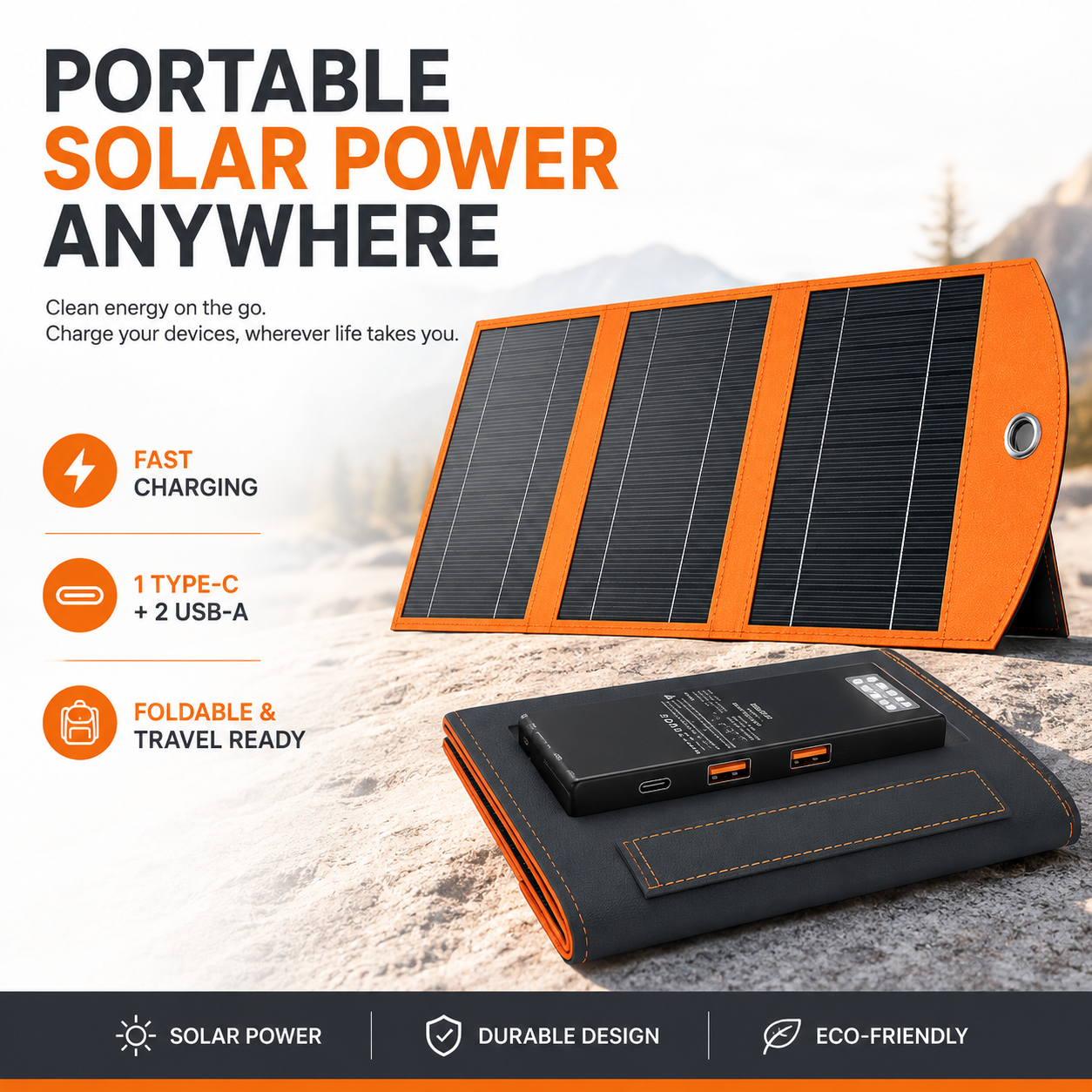 🔥Foldable Portable Solar Panel, Fast Charging with 1 Type-C & 2 USB-A Ports