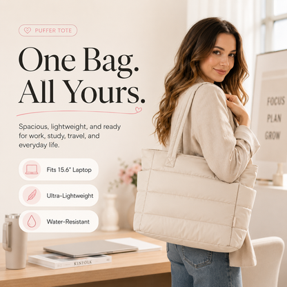 Quilted Puffer Tote Bag for Women – Large Capacity Laptop Shoulder Bag for Work, Travel & Everyday Use