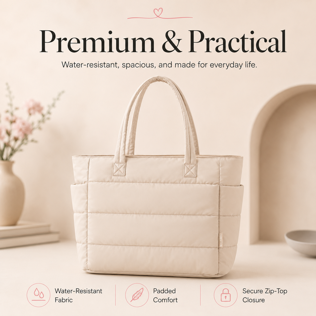 Quilted Puffer Tote Bag for Women – Large Capacity Laptop Shoulder Bag for Work, Travel & Everyday Use