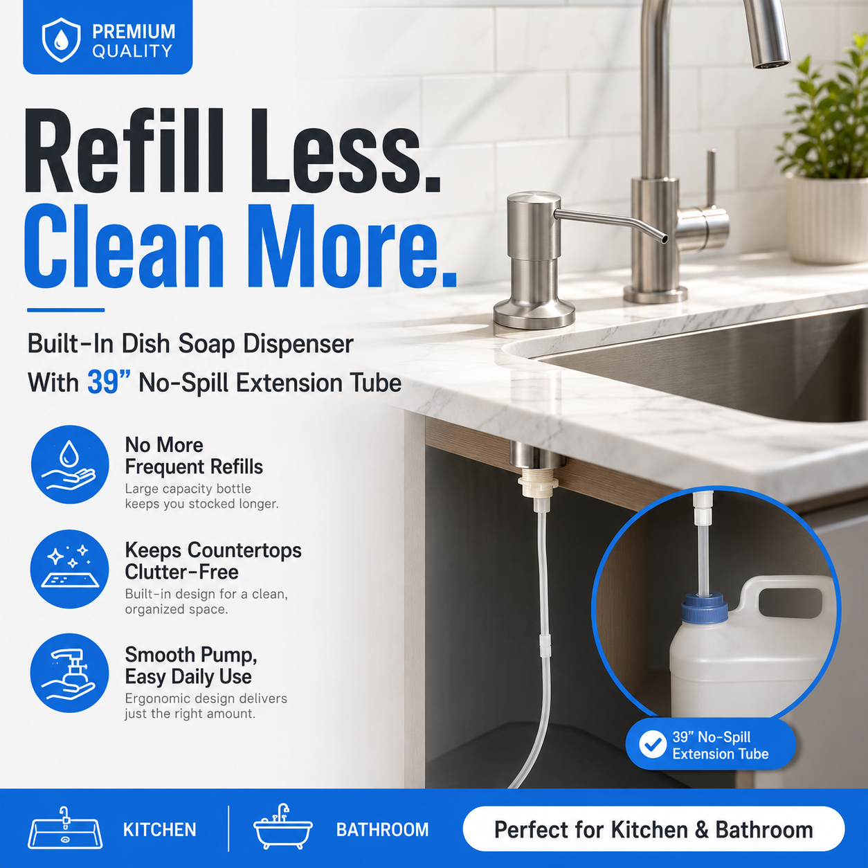 No-Refill Kitchen Sink Soap Dispenser – Brushed Nickel with 39" Extension Tube, Leak-Proof Countertop Pump