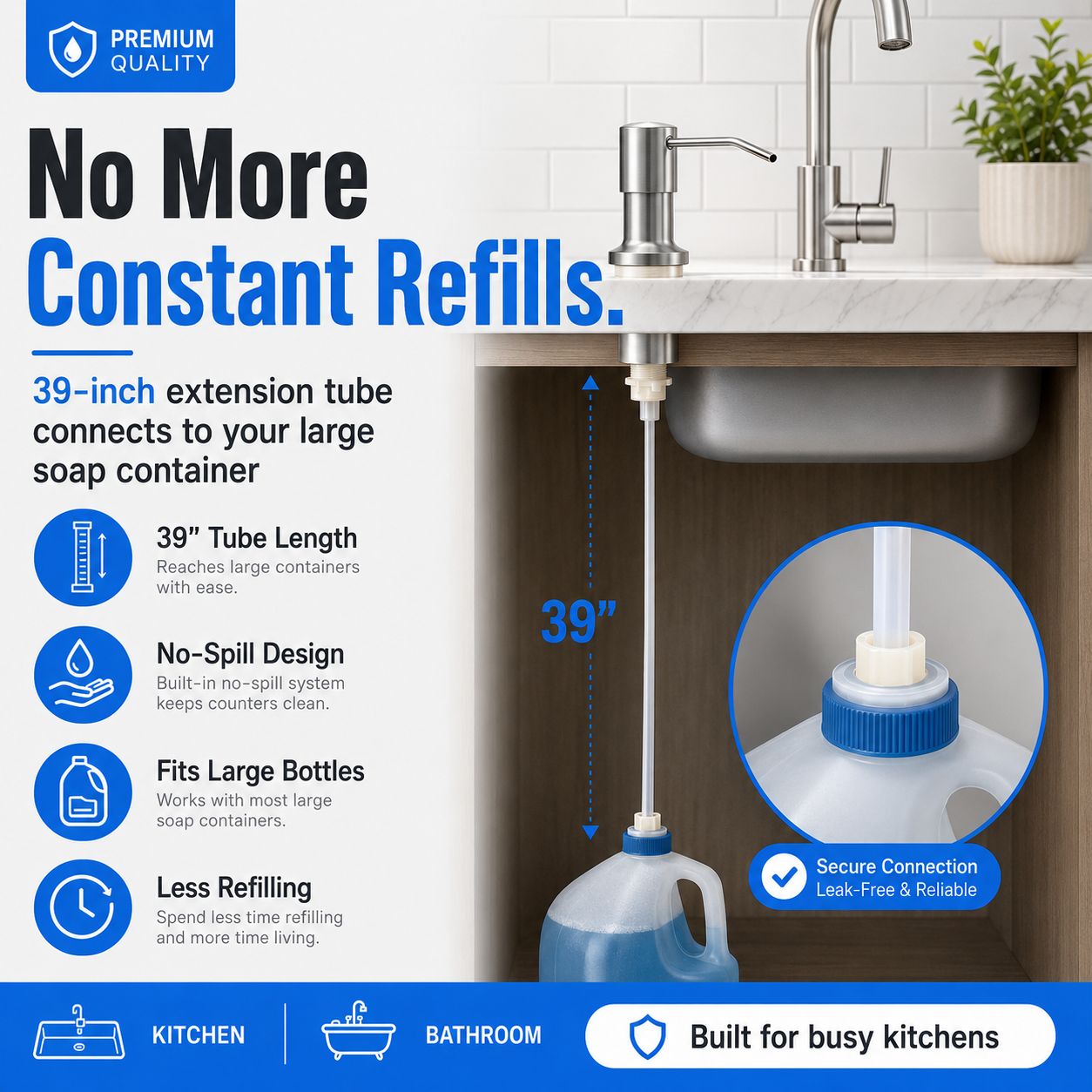 No-Refill Kitchen Sink Soap Dispenser – Brushed Nickel with 39" Extension Tube, Leak-Proof Countertop Pump