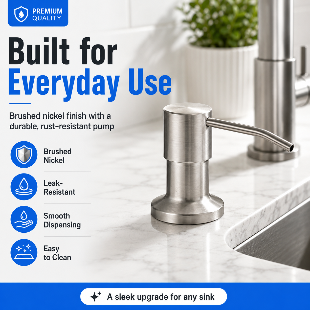 No-Refill Kitchen Sink Soap Dispenser – Brushed Nickel with 39" Extension Tube, Leak-Proof Countertop Pump