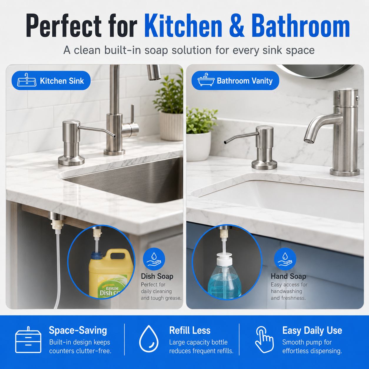 No-Refill Kitchen Sink Soap Dispenser – Brushed Nickel with 39" Extension Tube, Leak-Proof Countertop Pump