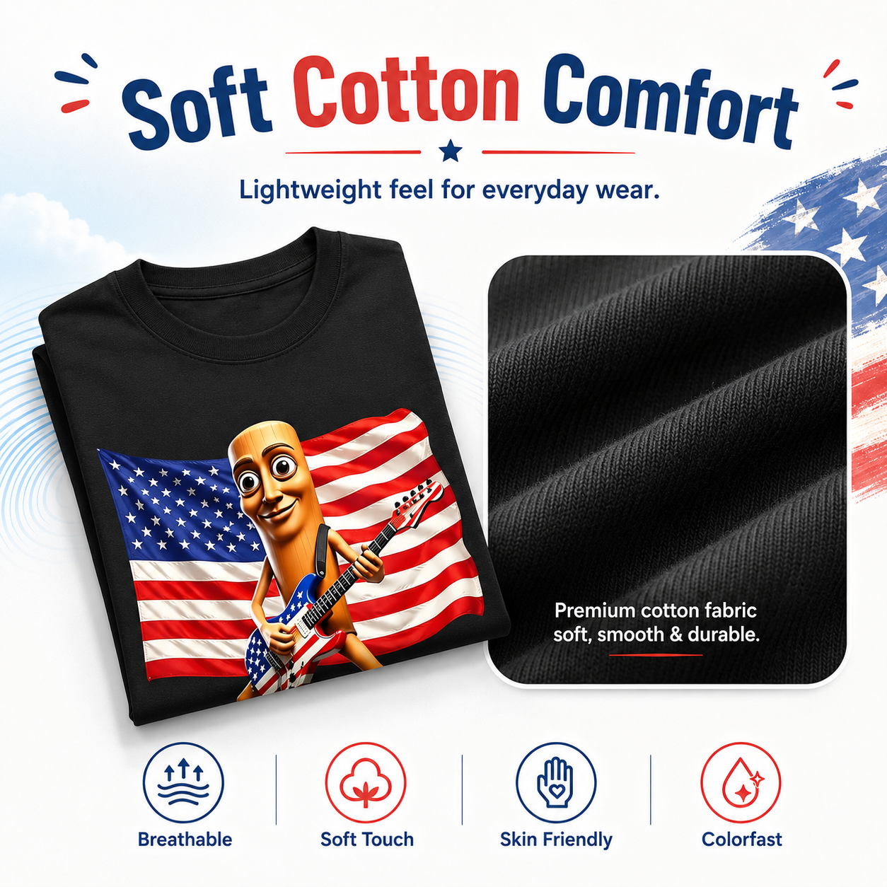 4th of July Shirts, American Flag Guitar Tung Tung Tung Sahur Shirt