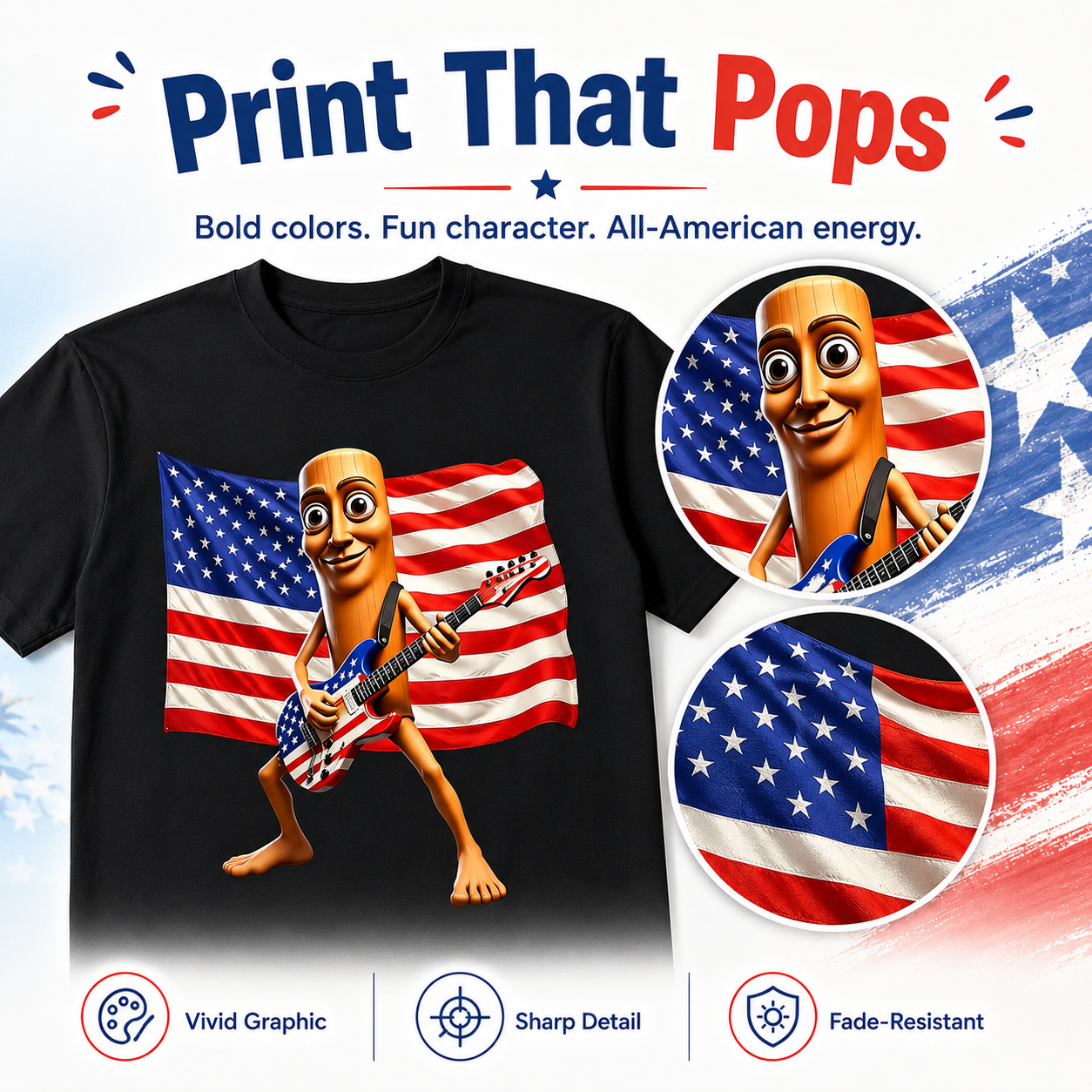 4th of July Shirts, American Flag Guitar Tung Tung Tung Sahur Shirt