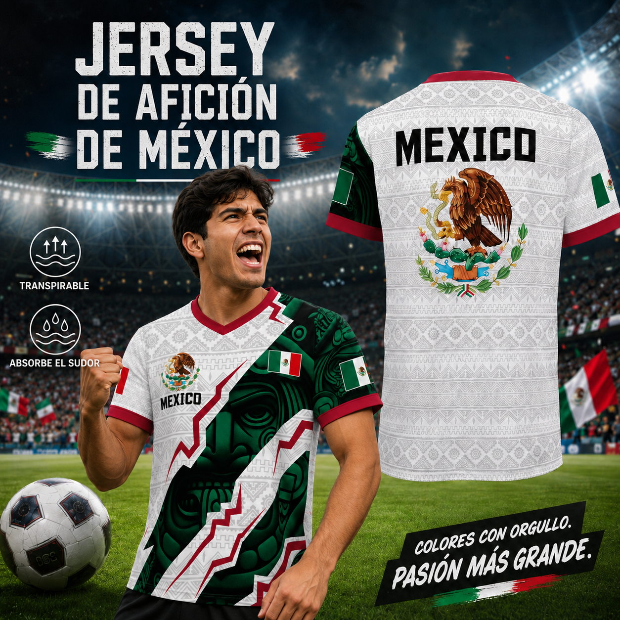 Camiseta de fútbol con cuello en V de la selección mexicana 2026, estilo para aficionados y jugadores. (Mismo tamaño y estilo para hombres y mujeres).