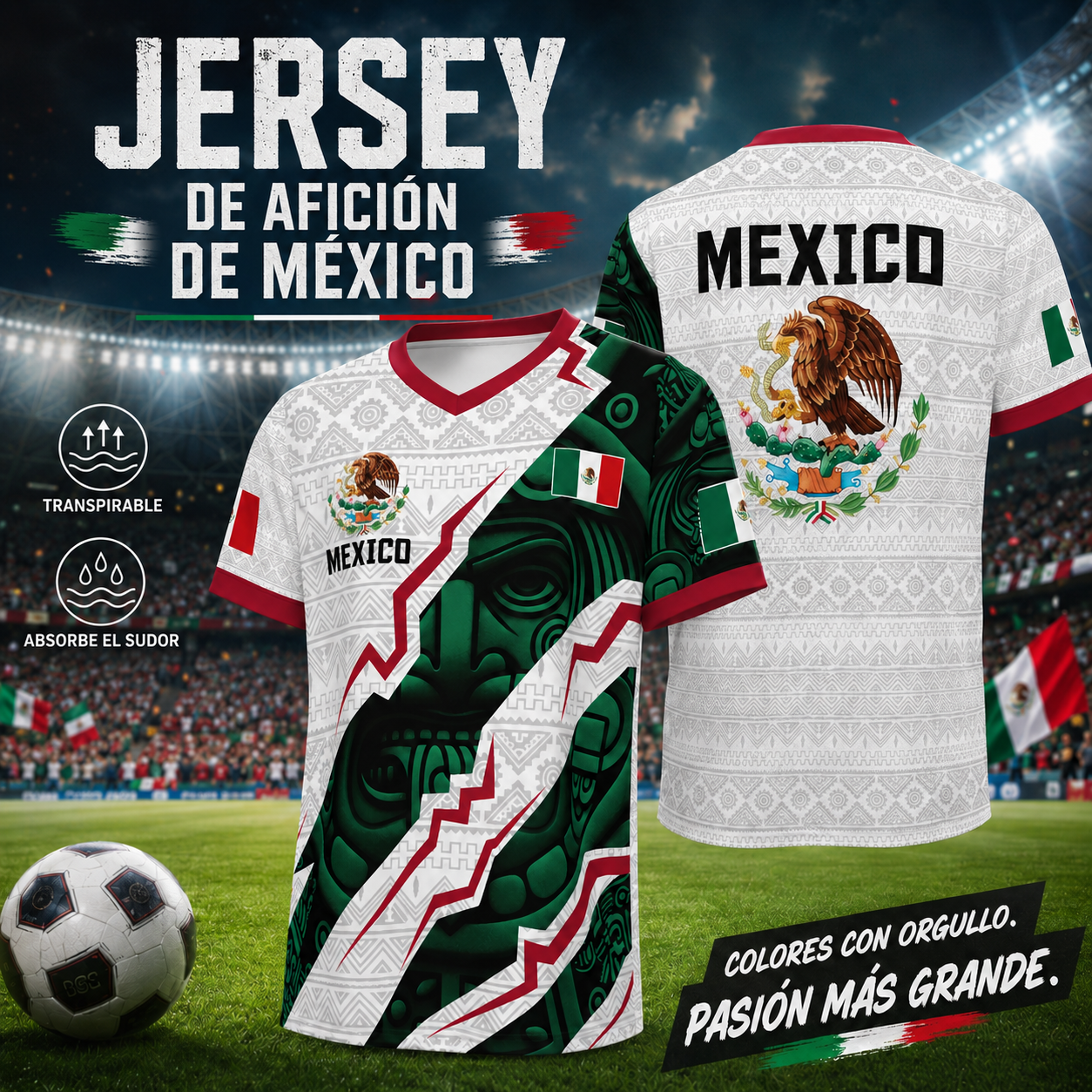 Camiseta de fútbol con cuello en V de la selección mexicana 2026, estilo para aficionados y jugadores. (Mismo tamaño y estilo para hombres y mujeres).