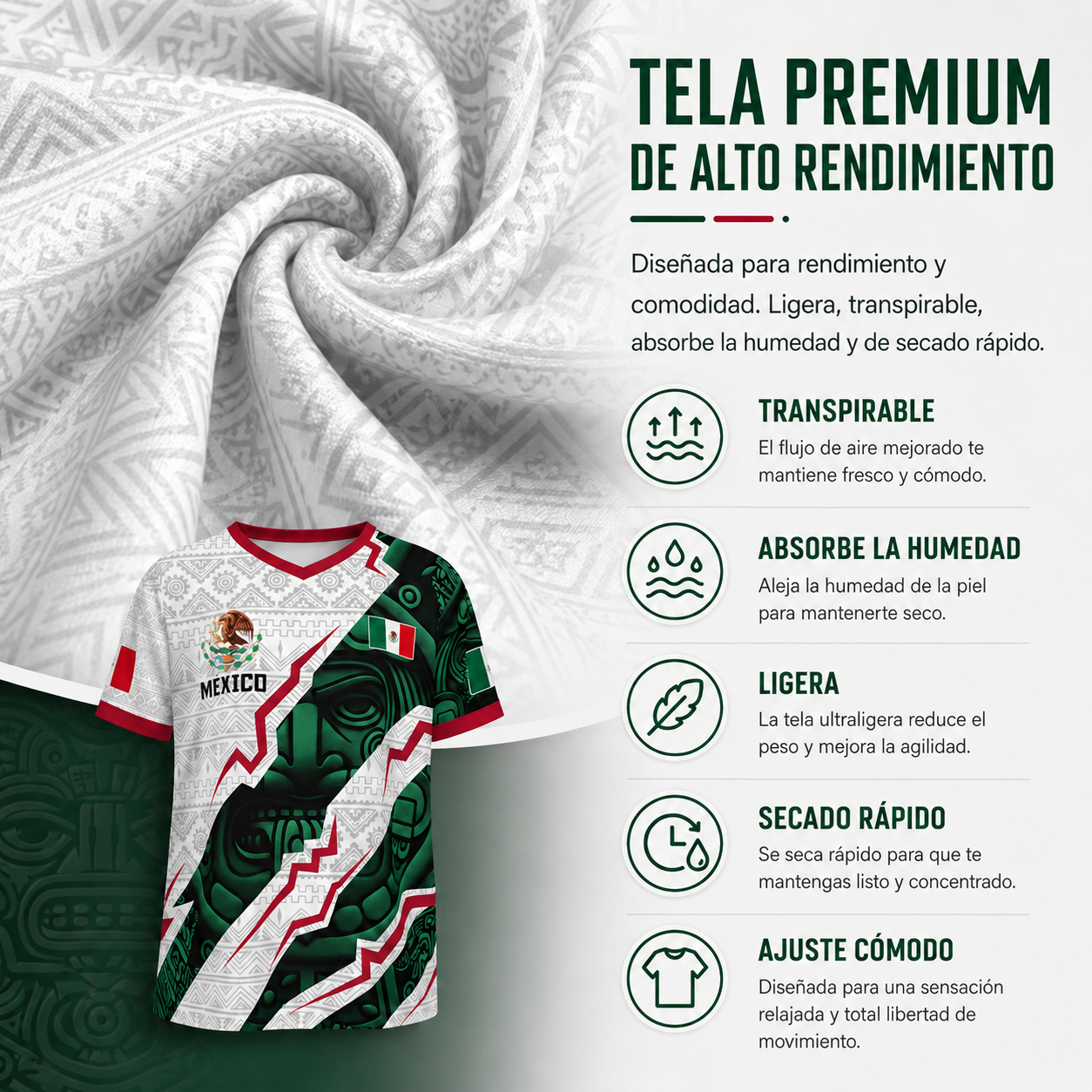 Camiseta de fútbol con cuello en V de la selección mexicana 2026, estilo para aficionados y jugadores. (Mismo tamaño y estilo para hombres y mujeres).