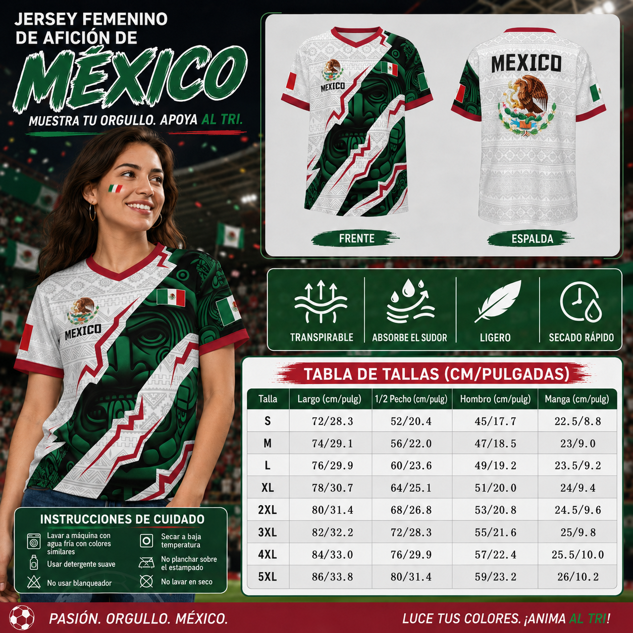 Camiseta de fútbol con cuello en V de la selección mexicana 2026, estilo para aficionados y jugadores. (Mismo tamaño y estilo para hombres y mujeres).