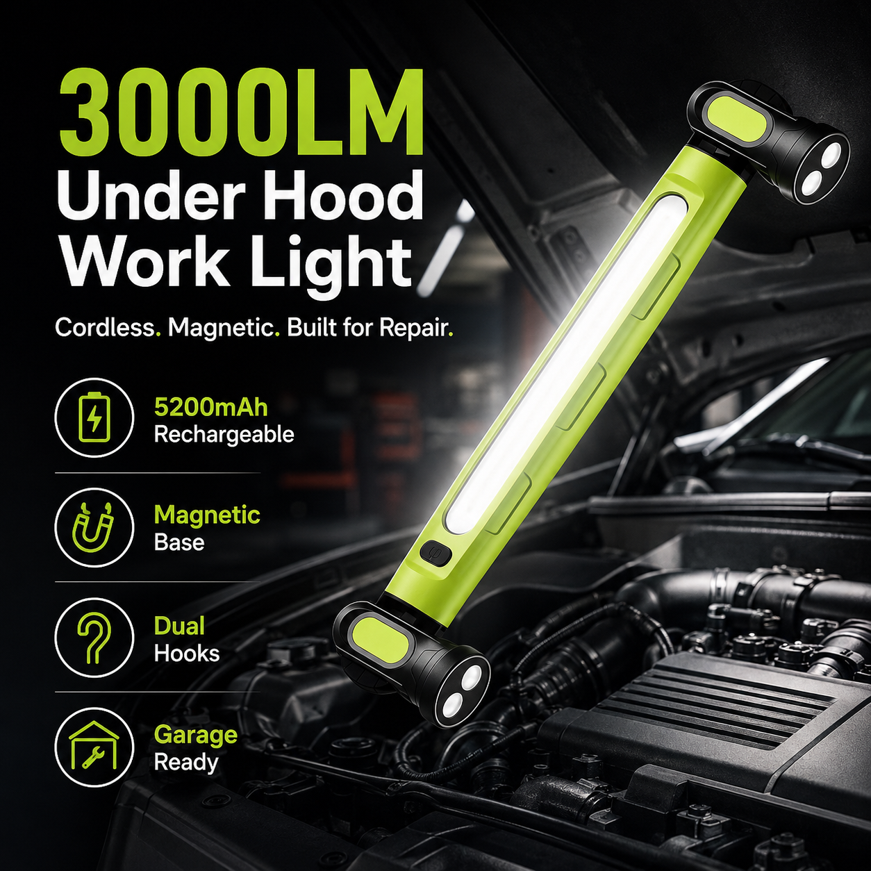 🛠️3000LM Cordless Under Hood Work Light Bar for Car Repair & Garage Use