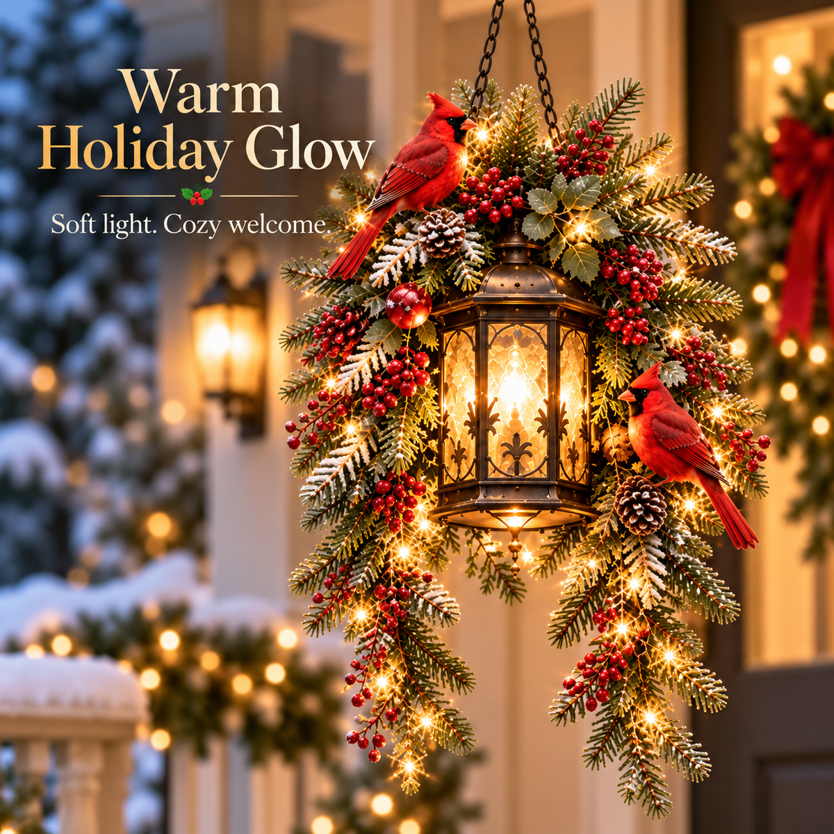Cardinal Hearth Glow™ – Pre-Lit Cardinal Lantern & Evergreen Christmas Porch Decor