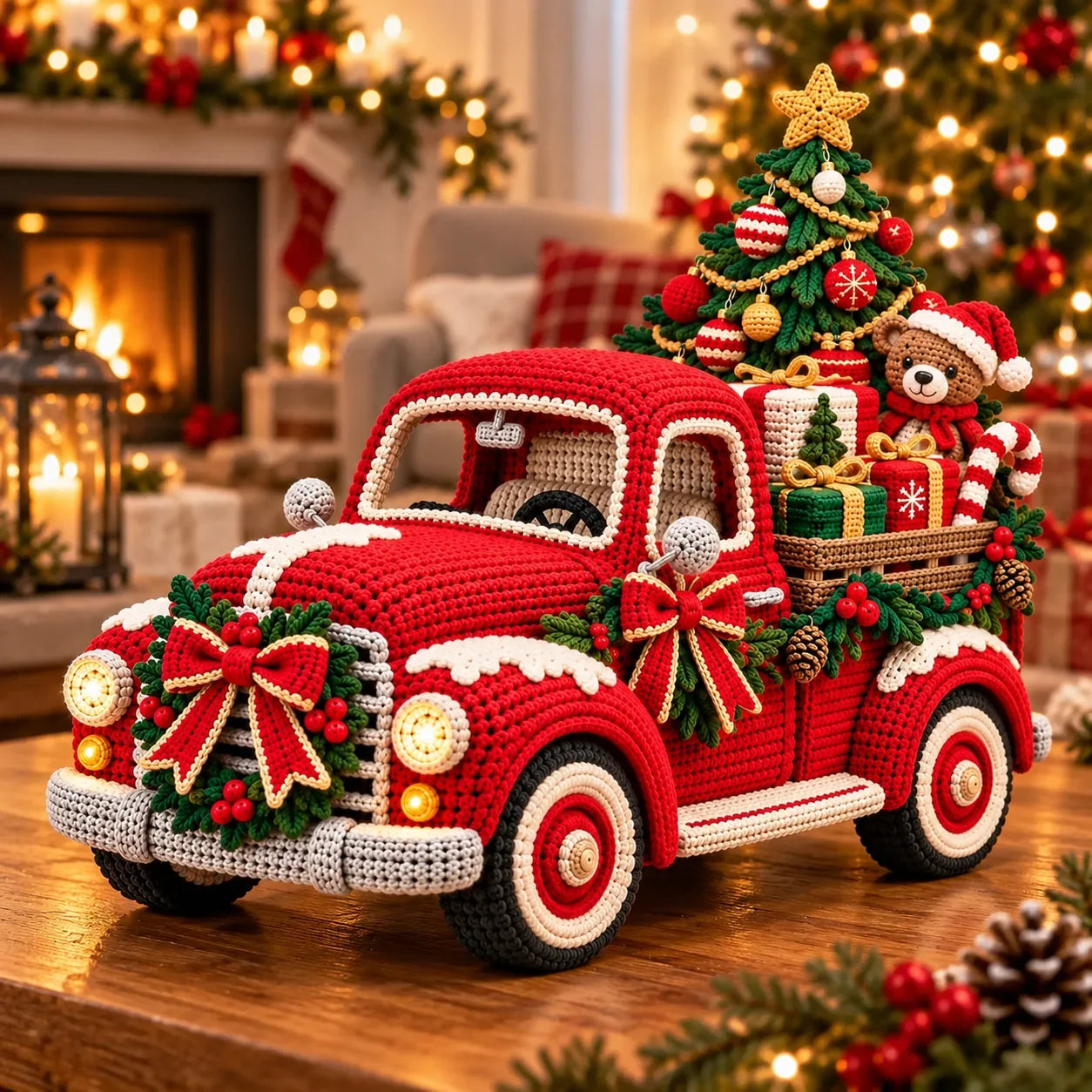 Vintage red Christmas pickup truck crochet design with festive tree and handmade accents