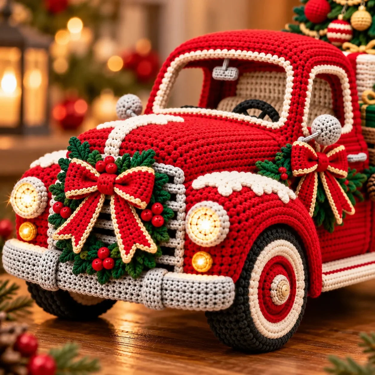 Close-up inspiration for vintage red truck crochet construction and finishing