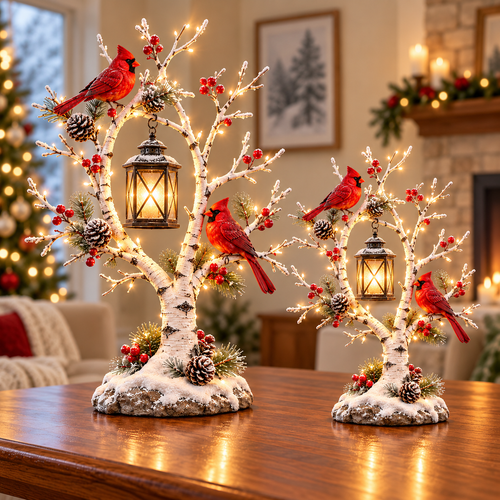 ❤️ Lighted Cardinal Winter Lantern Tree – Snowy Birch Christmas Tabletop Decoration