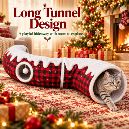 🎄🐾 Christmas Cat Tunnel & Tree Skirt – 3-in-1 Cozy Plaid Hideaway with Hanging Pom-Pom Toy ❄️