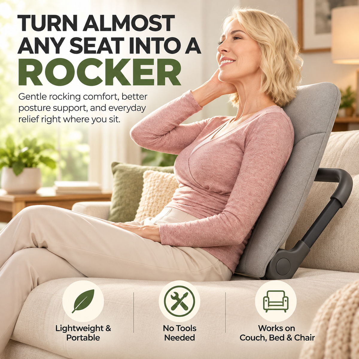 ✨ Portable Rocking Back Support – Turn Almost Any Seat Into a Comfortable Rocker