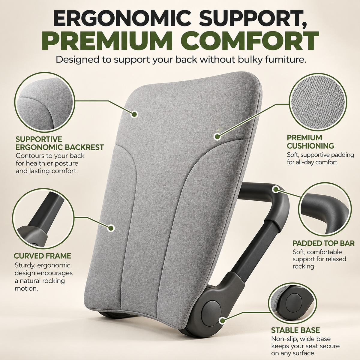 ✨ Portable Rocking Back Support – Turn Almost Any Seat Into a Comfortable Rocker