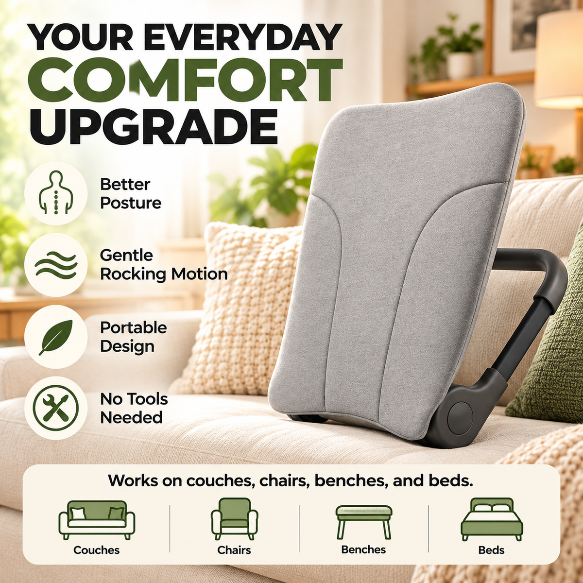✨ Portable Rocking Back Support – Turn Almost Any Seat Into a Comfortable Rocker
