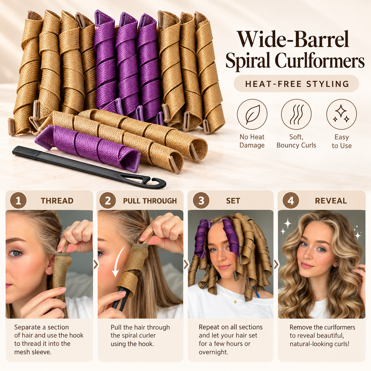 ✨ Heatless Spiral Hair Curlers – Beautiful, Bouncy Curls Without Heat