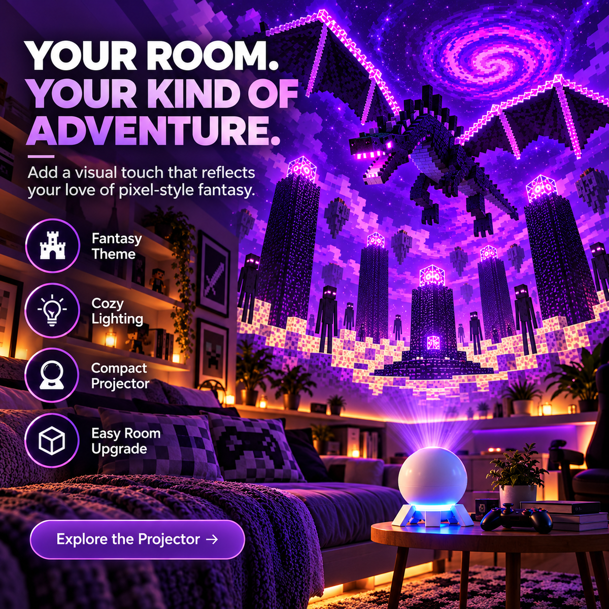 ✨ 50% OFF! Wall & Ceiling Pixel Projector Light for Cozy Game Nights