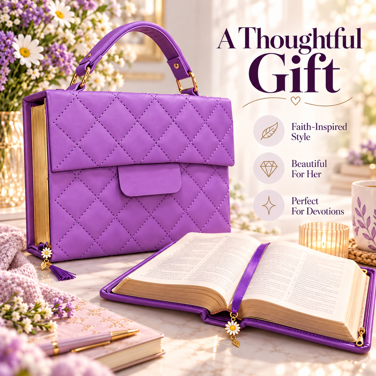 💜 50% OFF ✨ Elegant Quilted Bible Cover with Handle – Beautiful Bible Protector & Faith-Inspired Gift