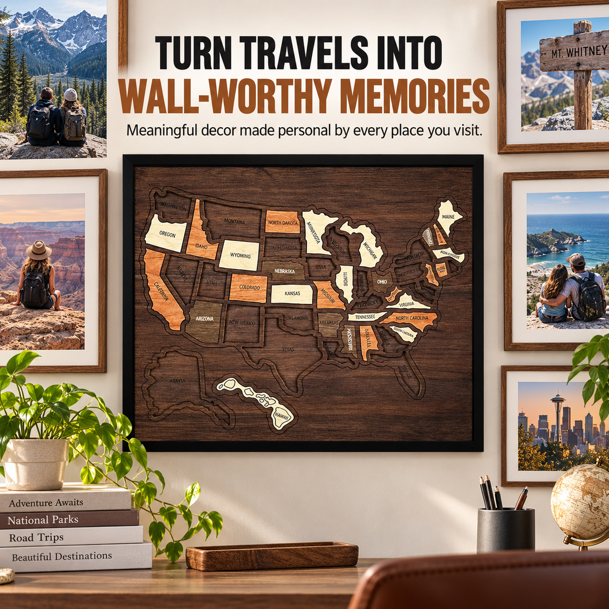 🗺️ Wooden USA Travel Map ✨ Personalized Adventure Memory Wall Decor Gift