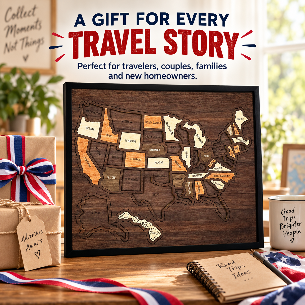 🗺️ Wooden USA Travel Map ✨ Personalized Adventure Memory Wall Decor Gift