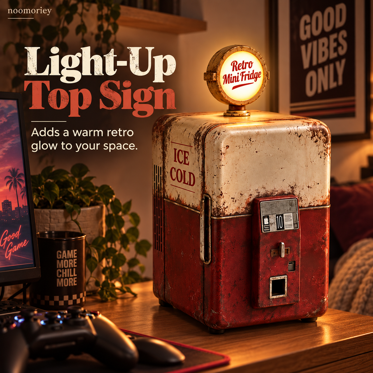 🥤 Vintage Gas Pump Mini Fridge – Retro Beverage Cooler with Illuminated Top Sign！！！