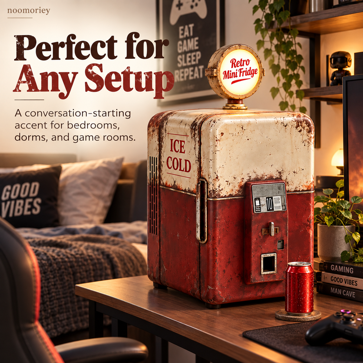 🥤 Vintage Gas Pump Mini Fridge – Retro Beverage Cooler with Illuminated Top Sign！！！