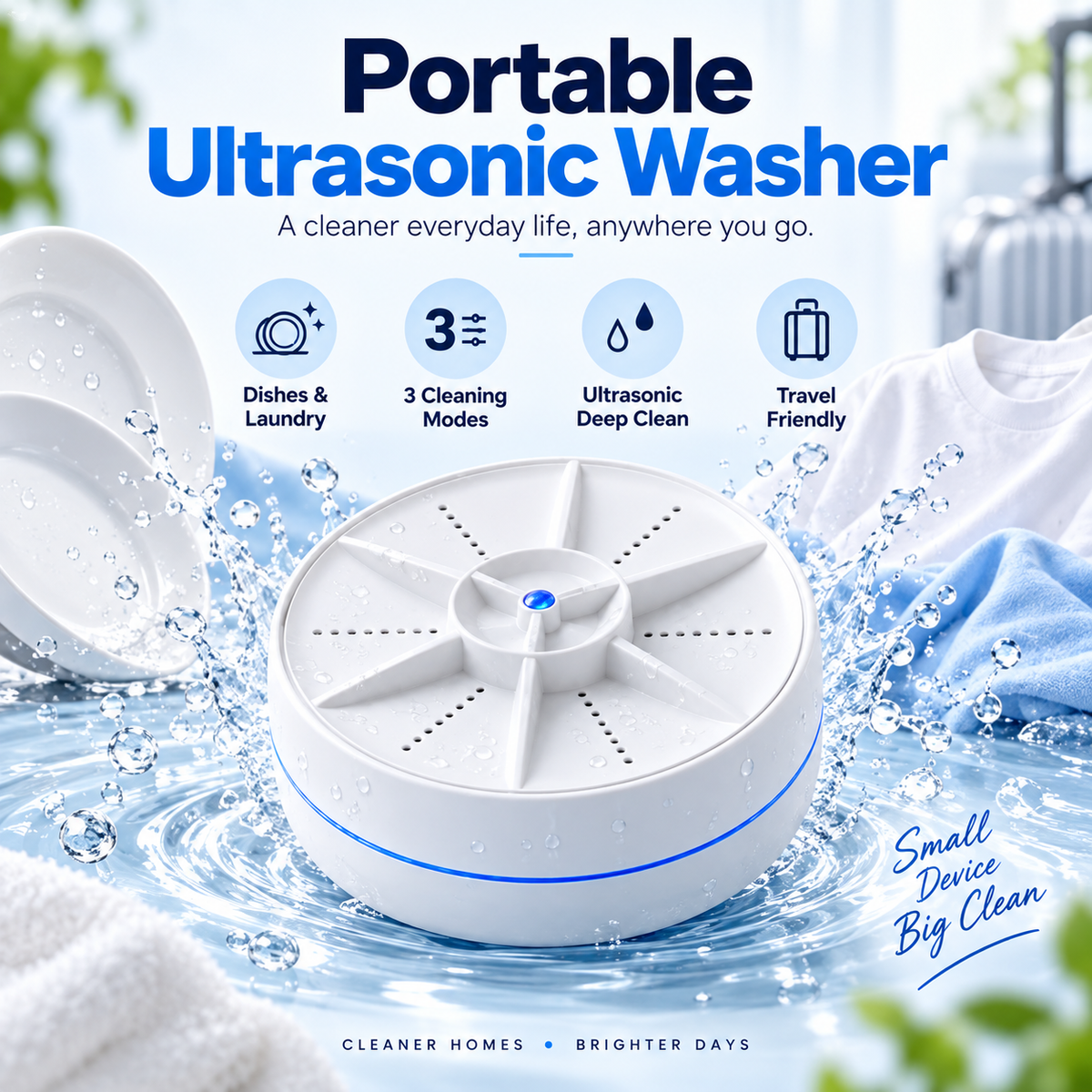 🫧 Portable Ultrasonic Mini Washer💦   – 3-Mode Cleaner for Clothes & Dishes 👕🍽️